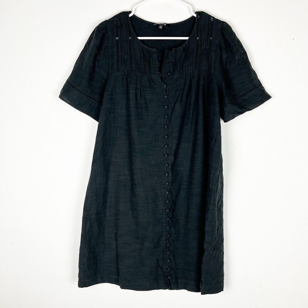 Madewell Pleated Button-Front Shift Dress Sz Small Black Pintucked Puff Sleeve‌ - Picture 2 of 6